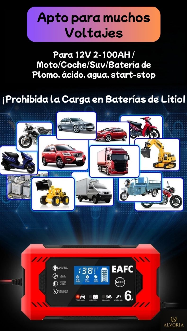 Cargador de Batería Inteligente 12V 6A – Reparación por Pulso, Auto-Stop, Modo Moto y Coche | Para Baterías AGM, GEL, SLA y Plomo-Ácido