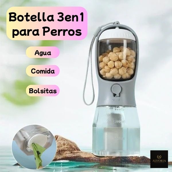 Botella 3 en 1 para Perros | Agua, Comida y Bolsas | Antiderrame