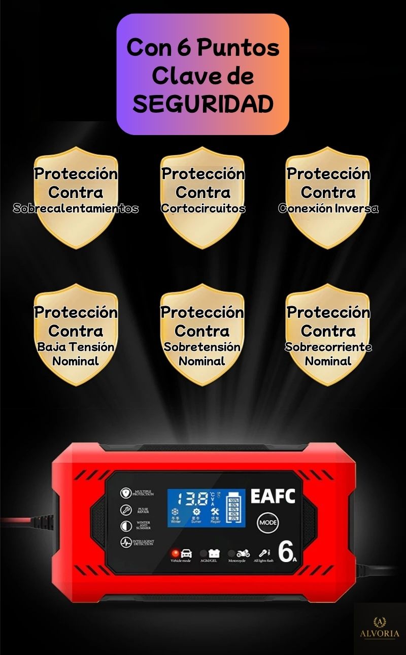 Cargador de Batería Inteligente 12V 6A – Reparación por Pulso, Auto-Stop, Modo Moto y Coche | Para Baterías AGM, GEL, SLA y Plomo-Ácido