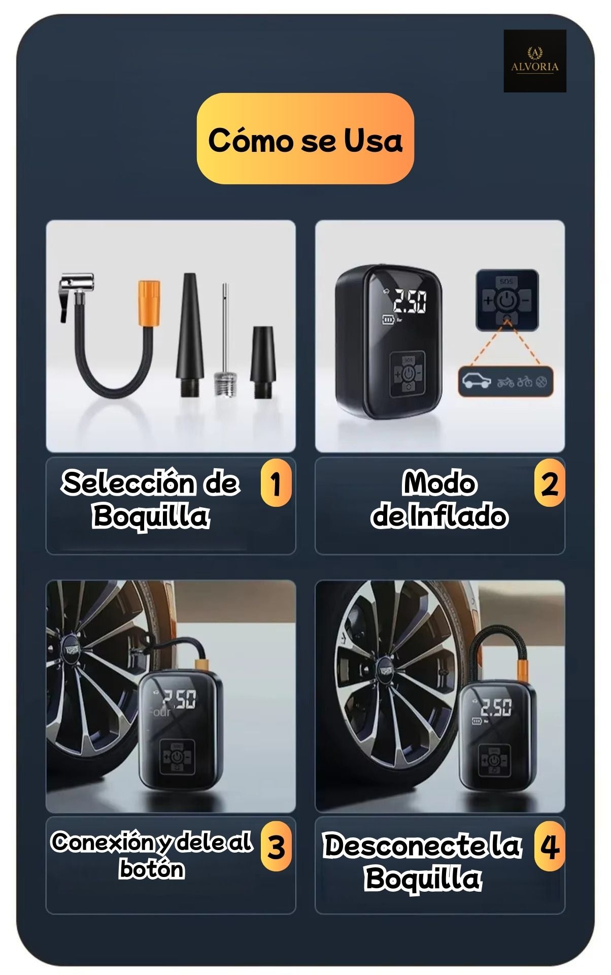 Compresor de Aire Eléctrico Portátil ALVORIA™ | Hinchador Inalámbrico para Coche, Moto, Bicicleta y Balones