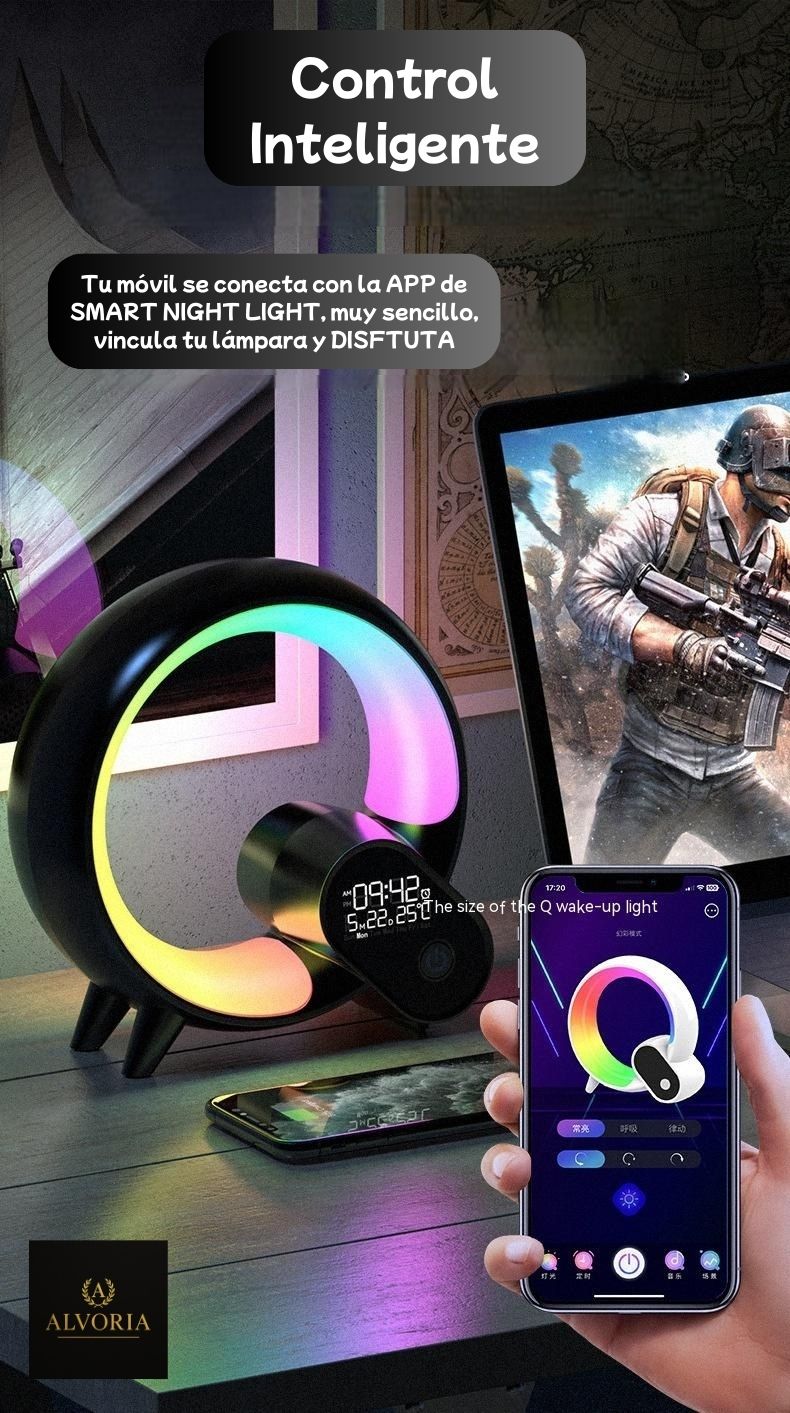 Luz Nocturna Inteligente RGB con Ruido Blanco y Despertador App