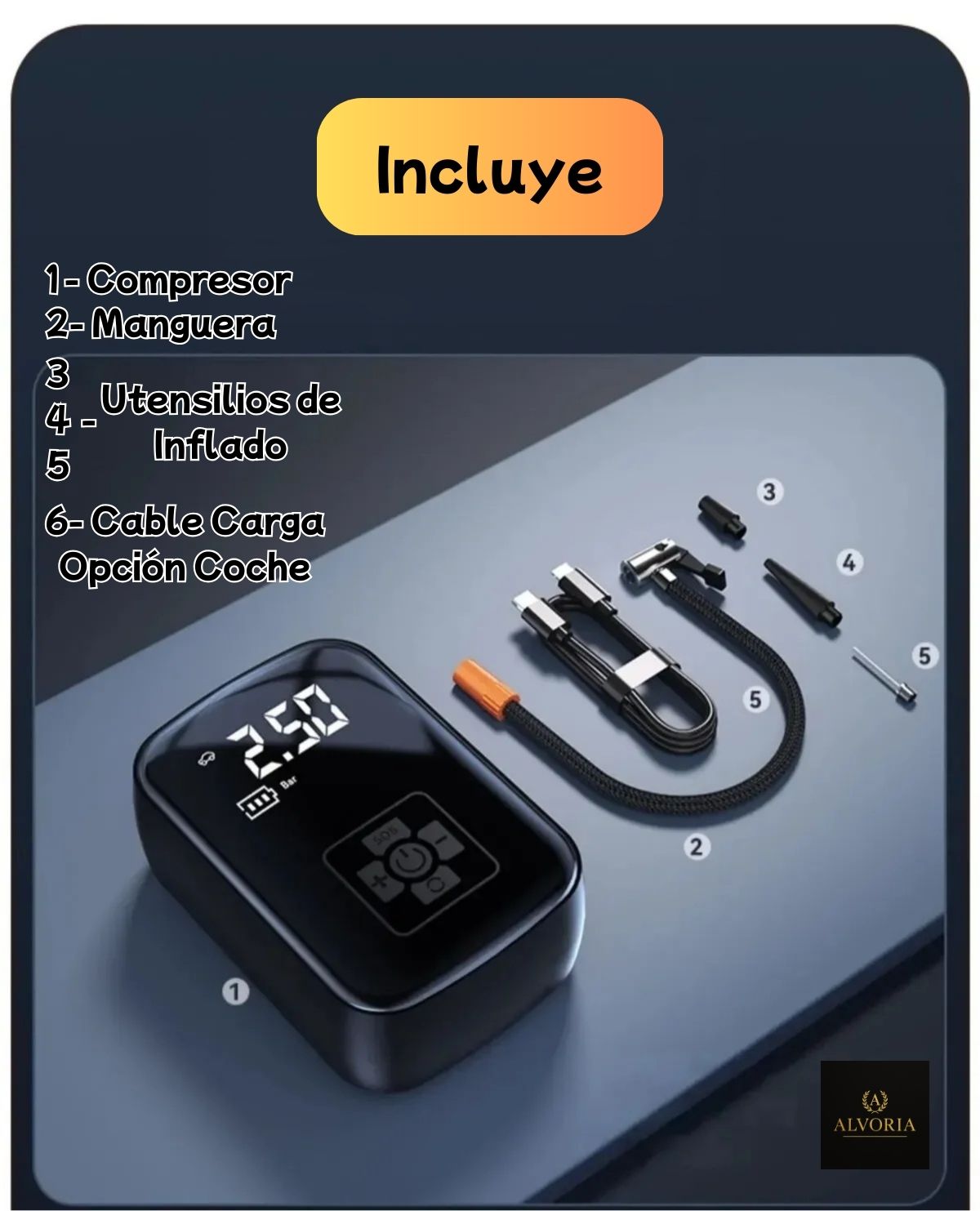 Compresor de Aire Eléctrico Portátil ALVORIA™ | Hinchador Inalámbrico para Coche, Moto, Bicicleta y Balones