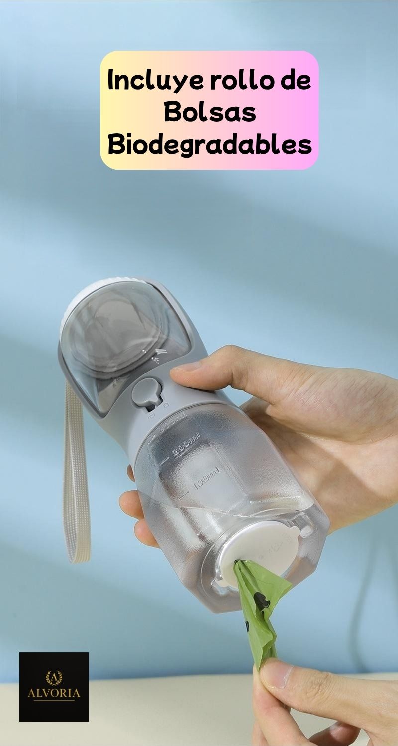 Botella 3 en 1 para Perros | Agua, Comida y Bolsas | Antiderrame