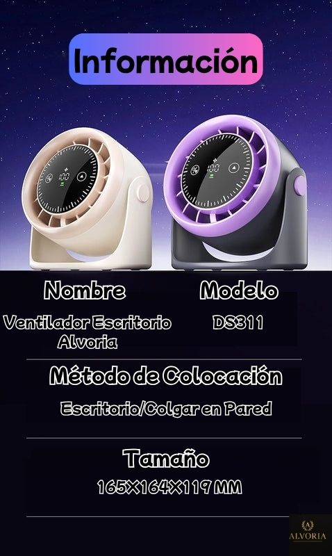 Ventilador de Escritorio ALVORIA™ con Luz LED y Control Táctil USB