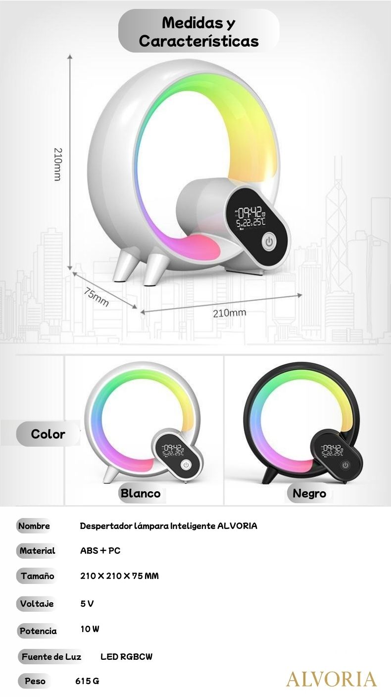 Luz Nocturna Inteligente RGB con Ruido Blanco y Despertador App