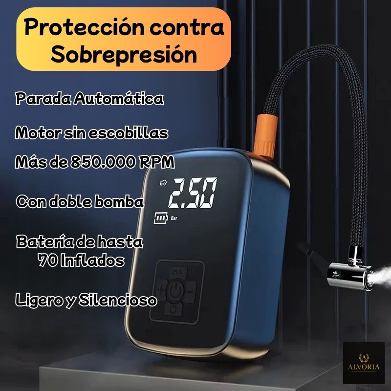 Compresor de Aire Eléctrico Portátil ALVORIA™ | Hinchador Inalámbrico para Coche, Moto, Bicicleta y Balones