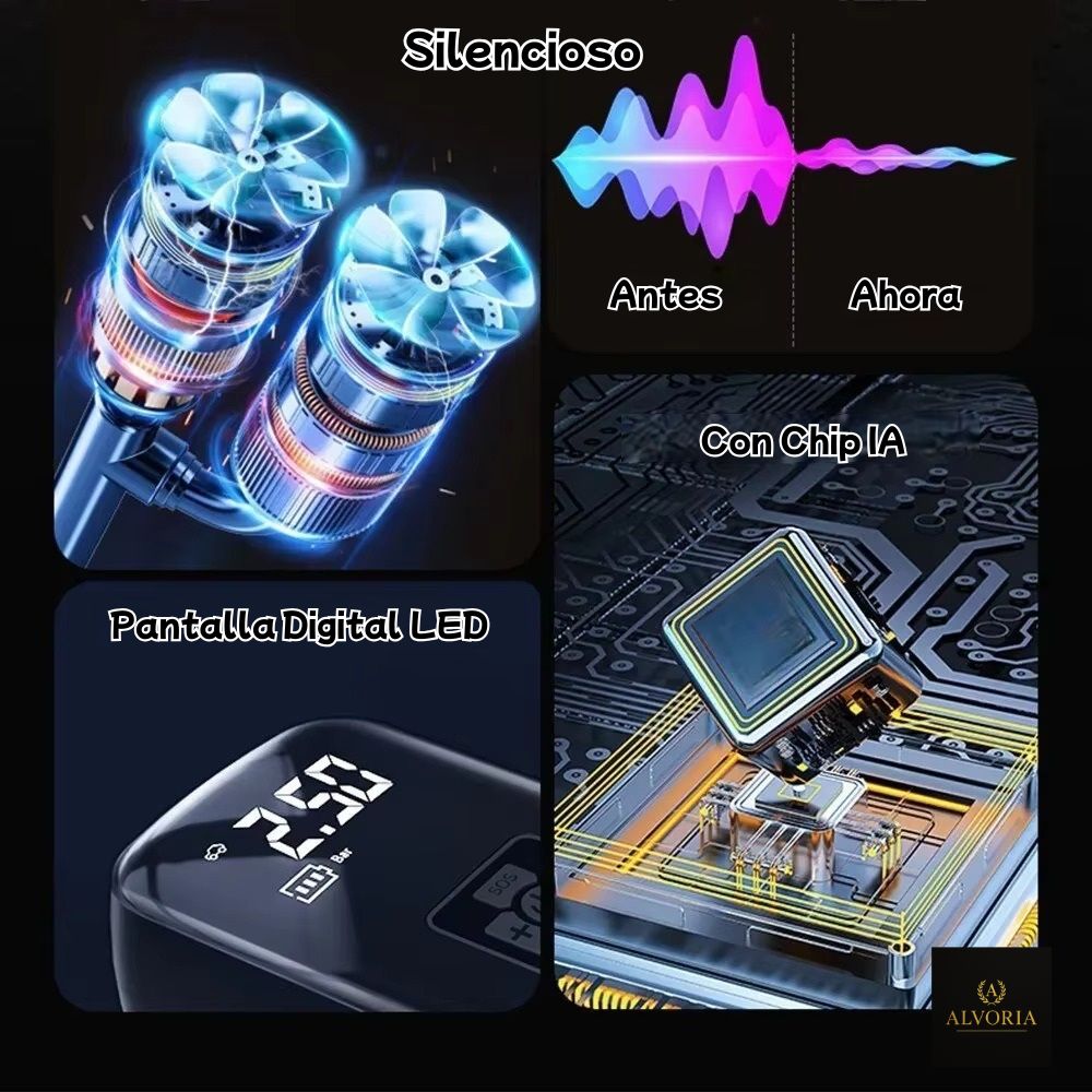 Compresor de Aire Eléctrico Portátil ALVORIA™ | Hinchador Inalámbrico para Coche, Moto, Bicicleta y Balones